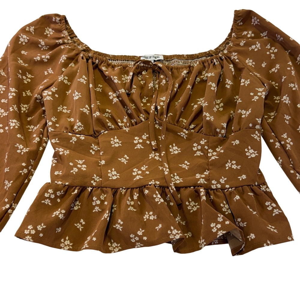House of Thread Brown Floral Peplum Long Sleeve Smocked Back Small 336A4 - Picture 2 of 9